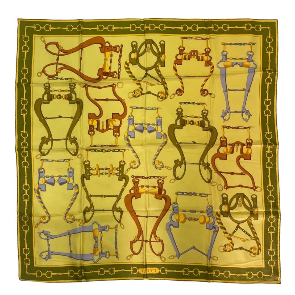Gucci Scarf Silk Horsebit Pattern Yellow Green